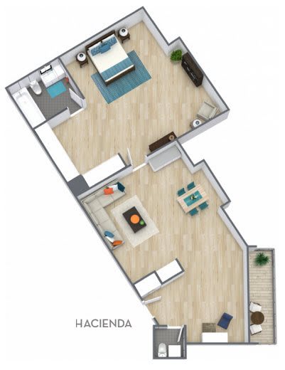 3D render of a one-bedroom apartment floor plan with an open living area and kitchen.