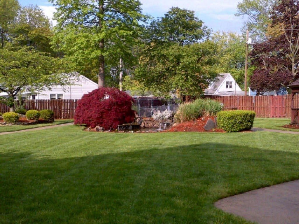 A well-maintained suburban garden with a neatly trimmed lawn, colorful bushes, and surrounding trees.