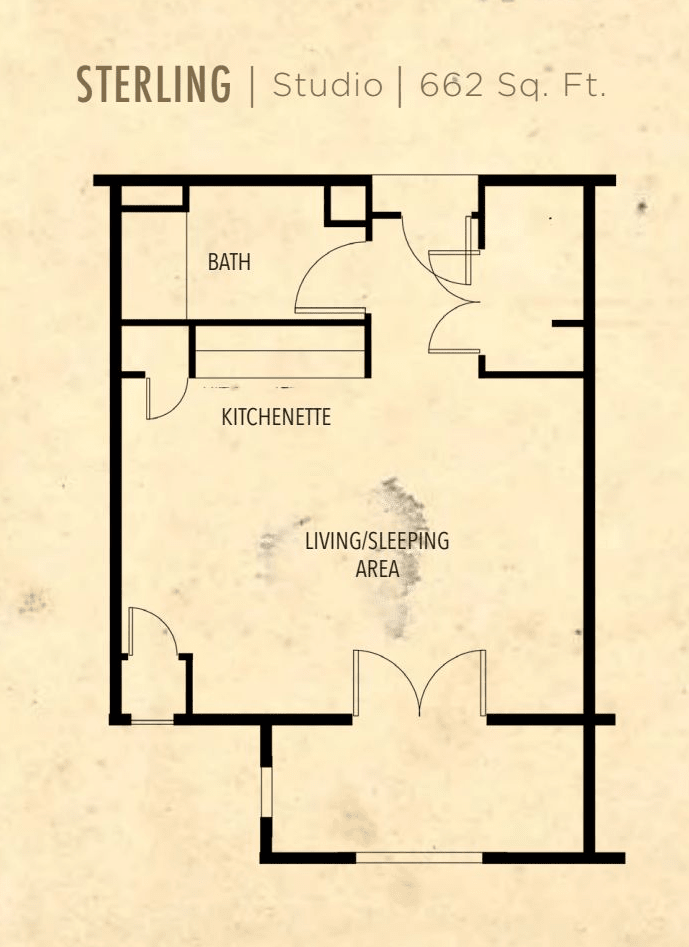 A simple floor plan depicting an apartment with a kitchen, bathroom, and living/sleeping area.