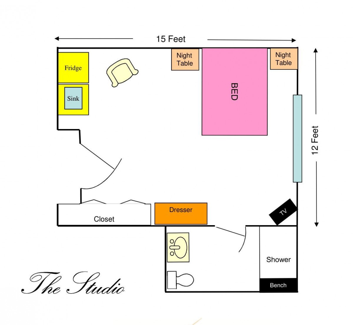 Floor plan of a studio apartment with labeled areas for furniture and fixtures.