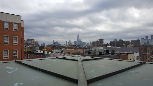 A view of the city skyline from a rooftop, under a cloudy sky.