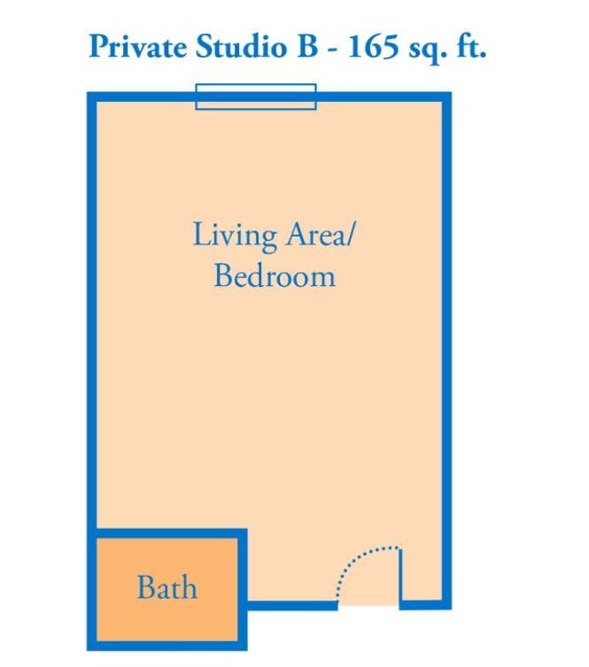Floor plan of a private studio apartment with a living area and bathroom, totaling 165 sq. ft.