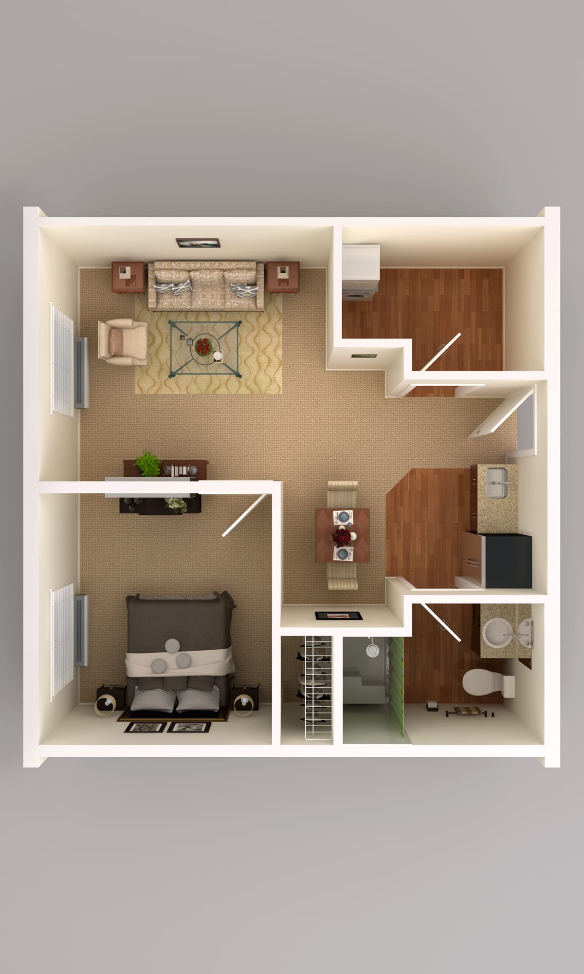 A detailed floor plan of a one-bedroom apartment, showcasing the layout of the living room, kitchen, and bathroom.