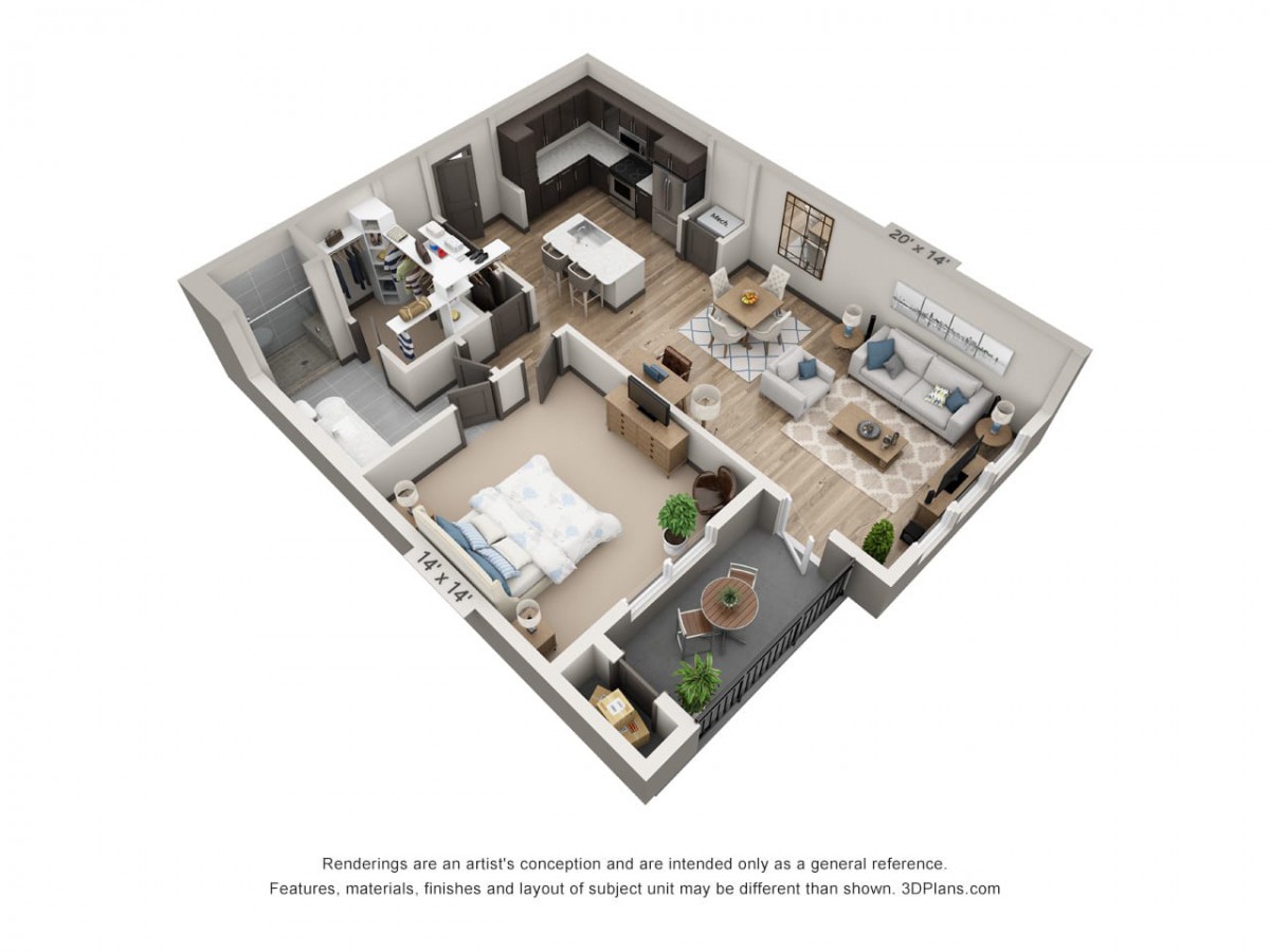 A 3D-rendered floor plan of a modern apartment showing the layout of rooms and furniture.