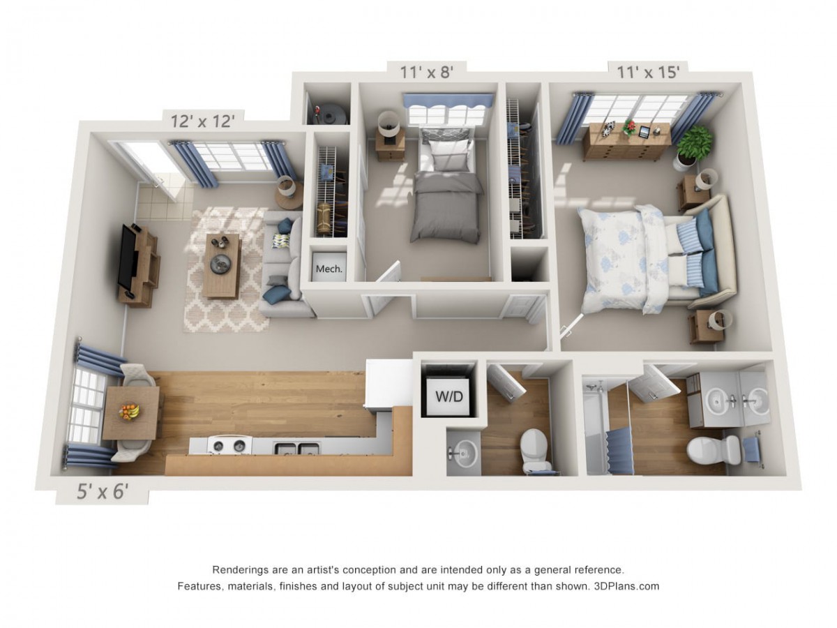 A 3D floor plan view of an apartment with a living room, kitchen, bathroom, and two bedrooms.