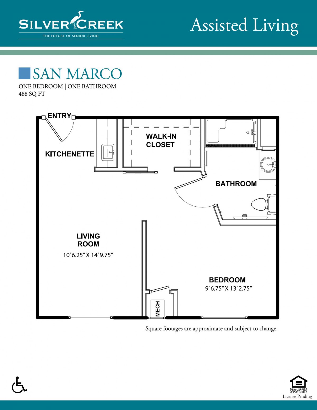 San Marco one-bedroom apartment floor plan with a living room, kitchenette, bathroom, and walk-in closet.