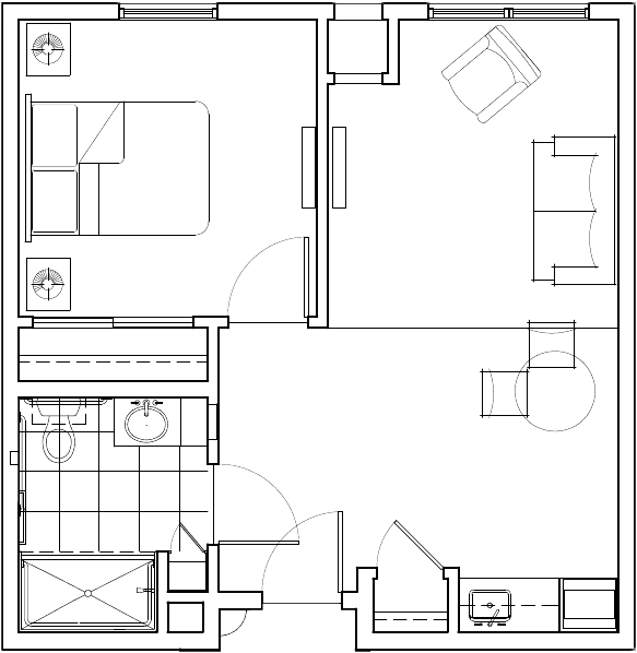 A detailed floor plan showcasing the layout of a one-bedroom apartment with living area, kitchen, and bathroom.