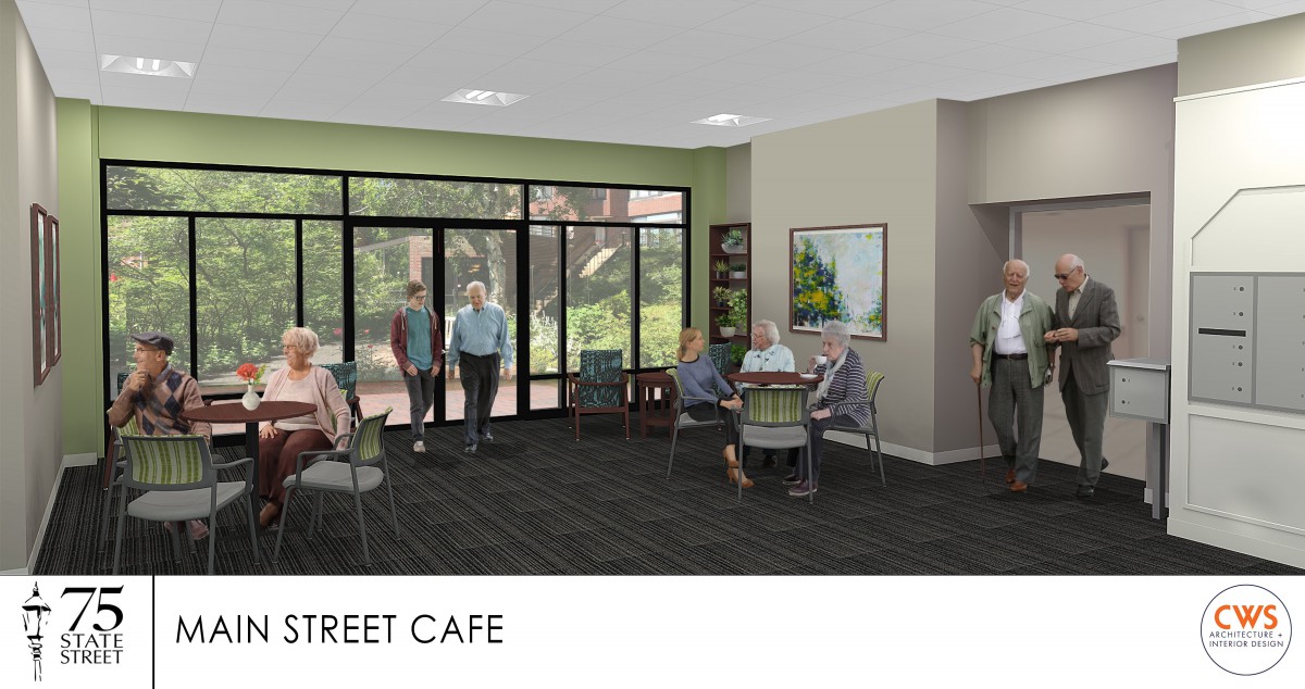 An inviting cafe interior with people socializing and large windows.