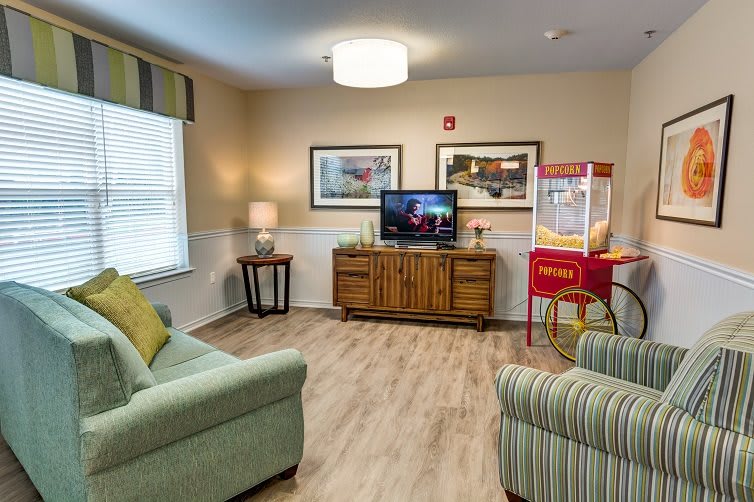 Cozy living room with a TV and popcorn machine.