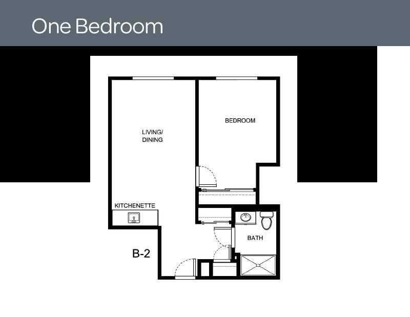 Floor plan of a one-bedroom apartment layout.