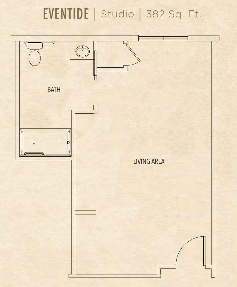 A simple floor plan showing a living area and a bathroom.