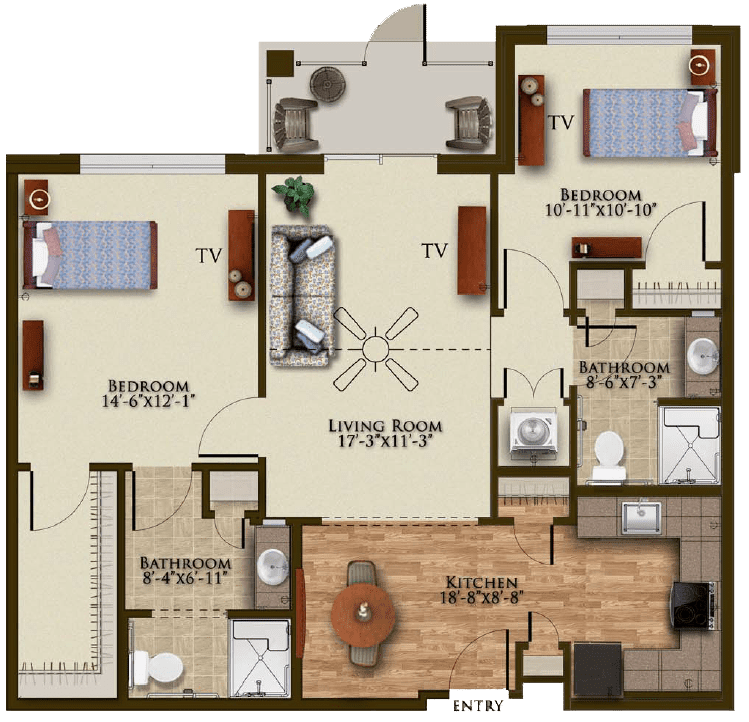 A floor plan of a two-bedroom apartment with labeled rooms including a living room, kitchen, and bathrooms.