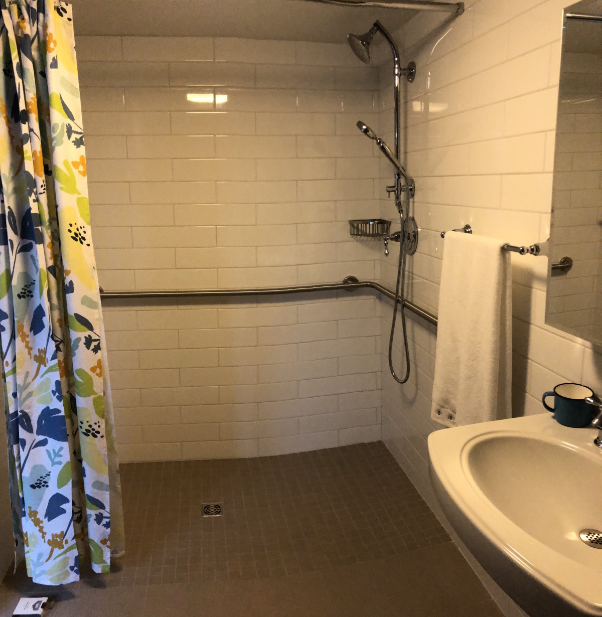 An accessible bathroom with a roll-in shower, grab bars, and a colorful shower curtain.