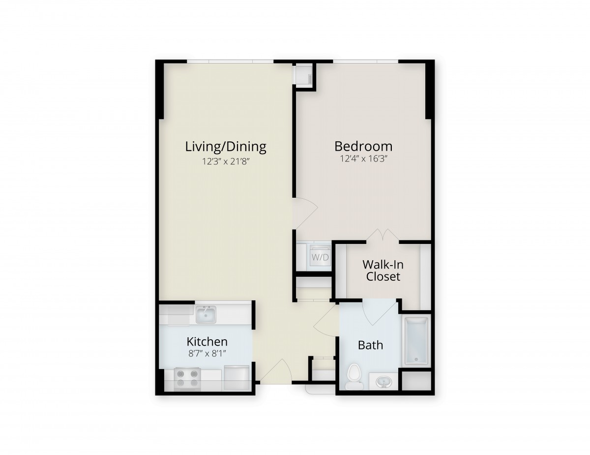 A floor plan of a one-bedroom apartment featuring a living/dining area, kitchen, and bathroom.