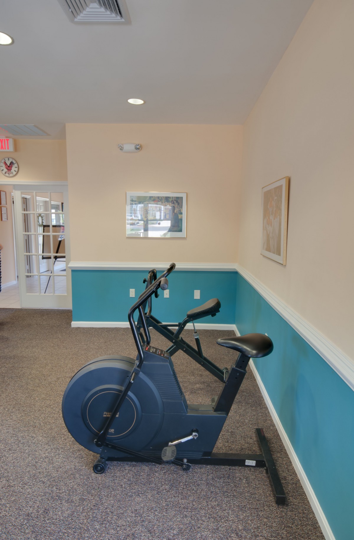 An indoor gym space featuring an exercise bike against a two-tone wall.