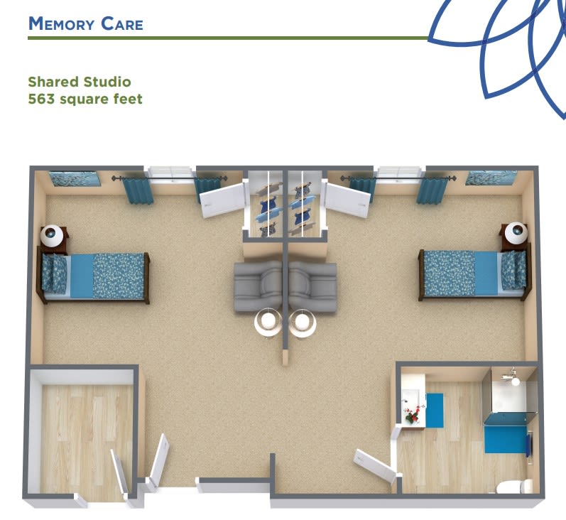 Floor plan of a memory care shared studio, measuring 352 square feet.