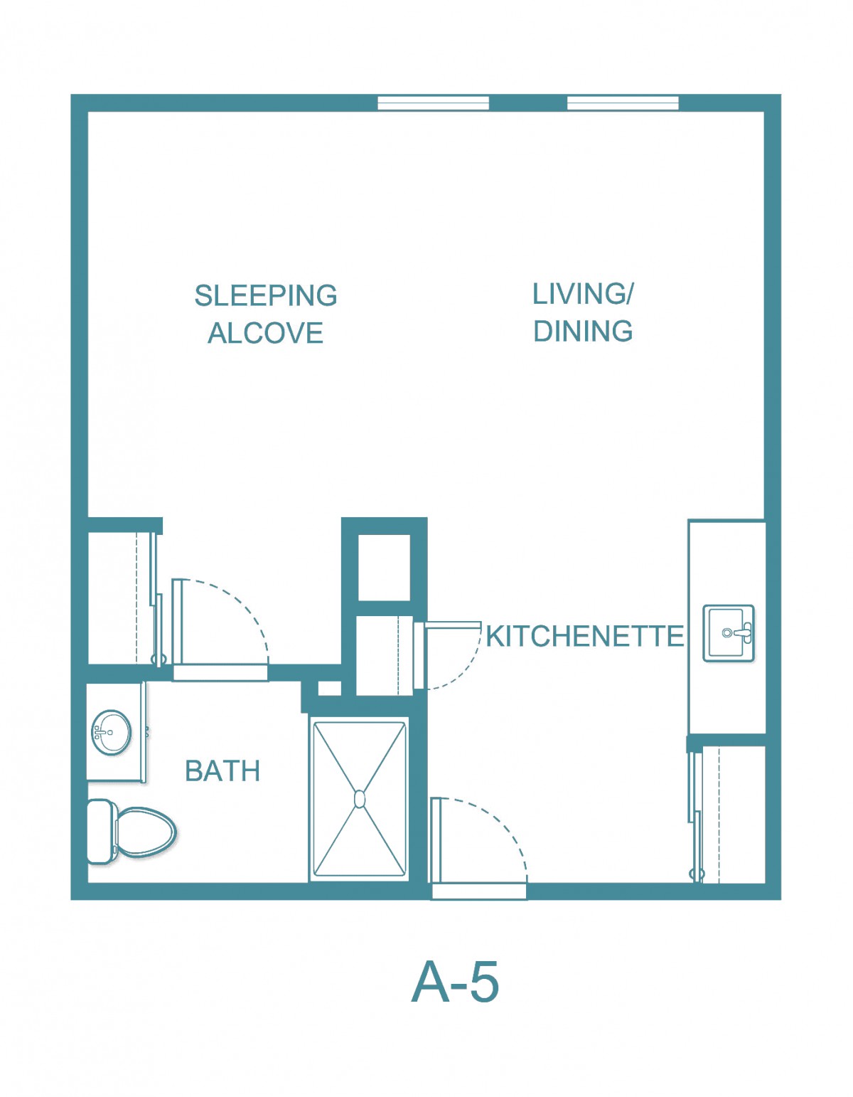 Studio apartment floor plan with a sleeping alcove, living area, kitchenette, and bathroom.