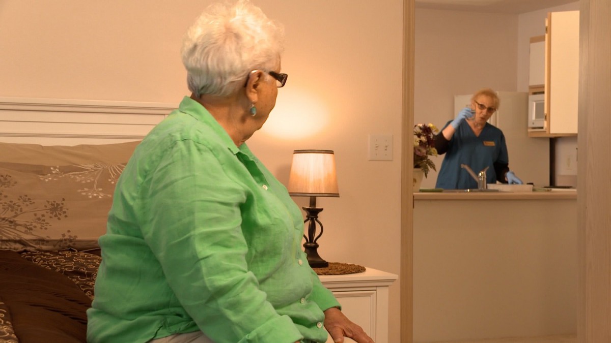An elderly woman sitting in a home setting looks towards a nurse holding a document.