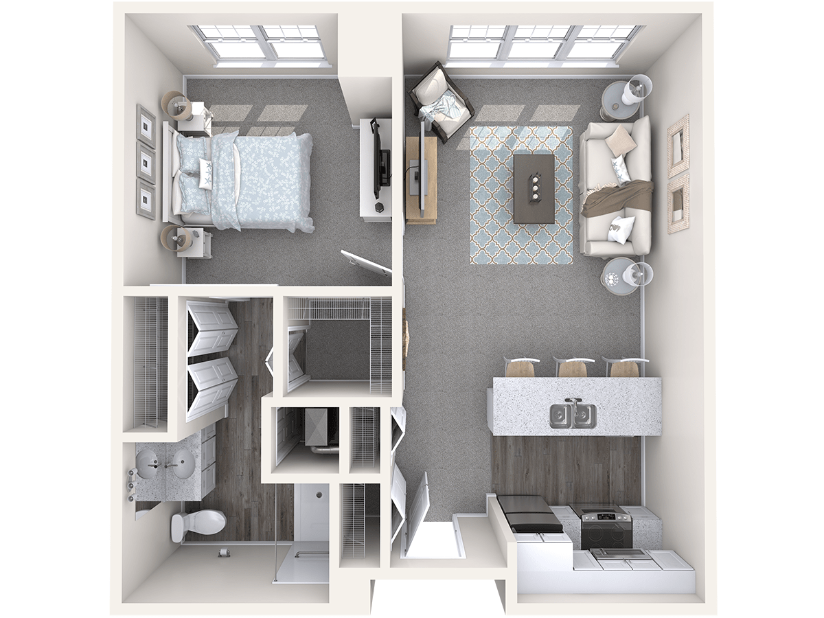 A detailed floor plan of a one-bedroom apartment featuring a living room, kitchen, and bathroom.