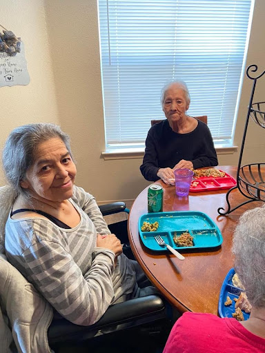 Two elderly women enjoying a meal together in a cozy setting.