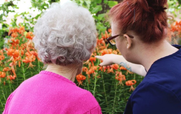 Two people enjoying a garden filled with vibrant orange flowers.