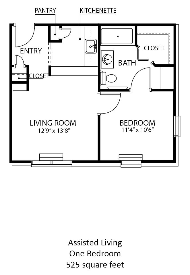 A floor plan of a one-bedroom apartment featuring a living room, bedroom, and bathroom.