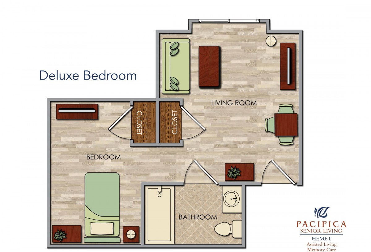 A floor plan of a deluxe one-bedroom apartment featuring a living room, bedroom, and bathroom.