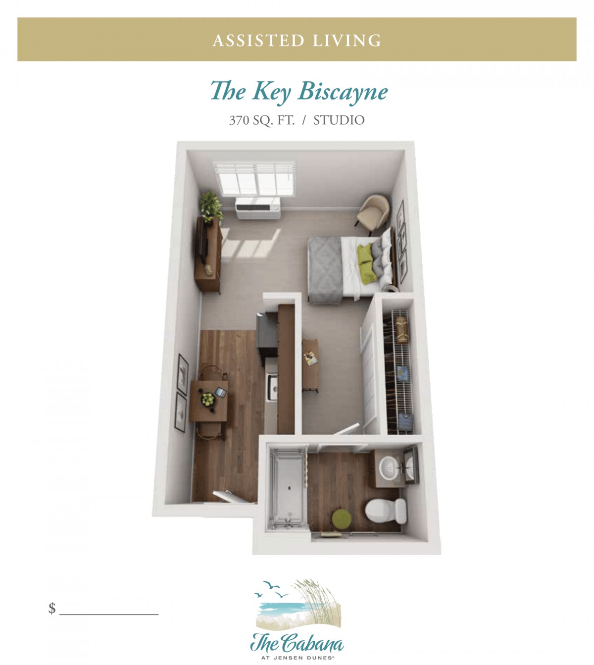A 3D floor plan for a one-bedroom apartment named 'The Key Biscayne', featuring a living area, kitchen, and bathroom.