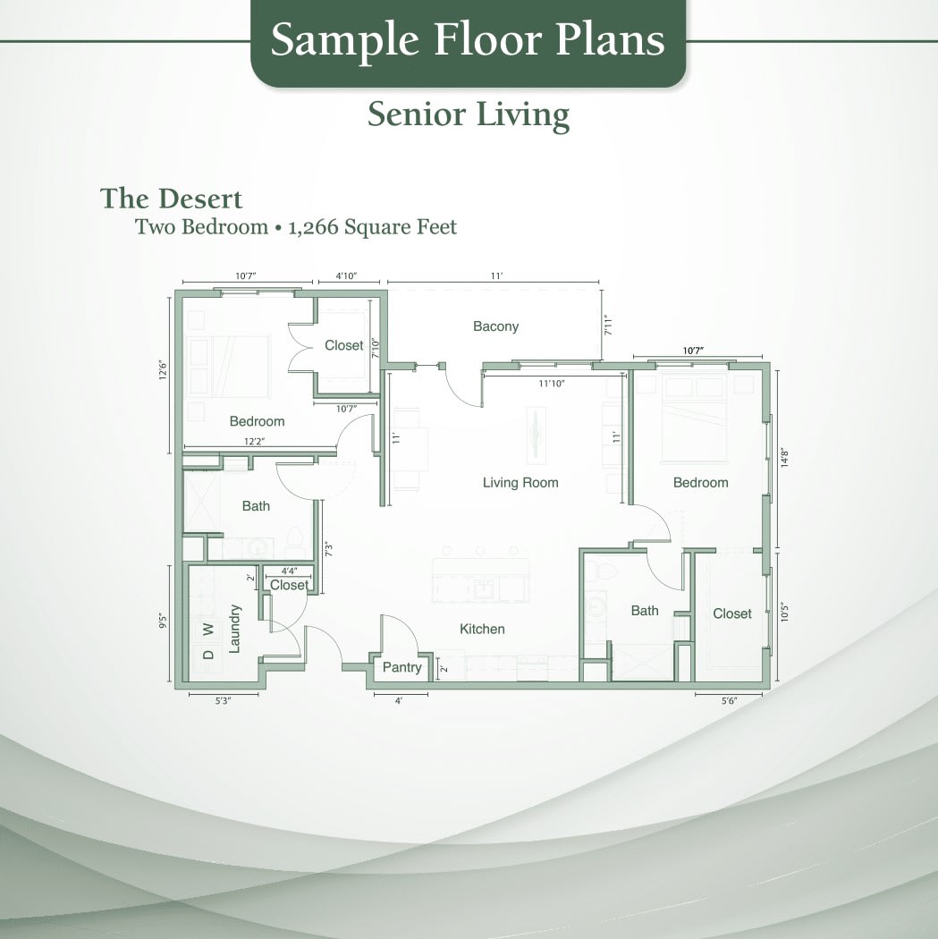Sample floor plan for senior living featuring a two-bedroom, two-bathroom layout.