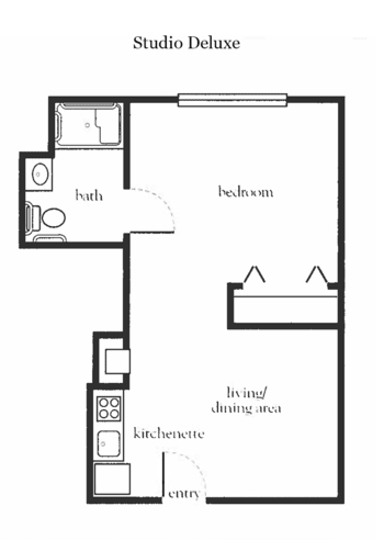 A floor plan of a one-bedroom apartment featuring a bathroom, kitchen, and living area.