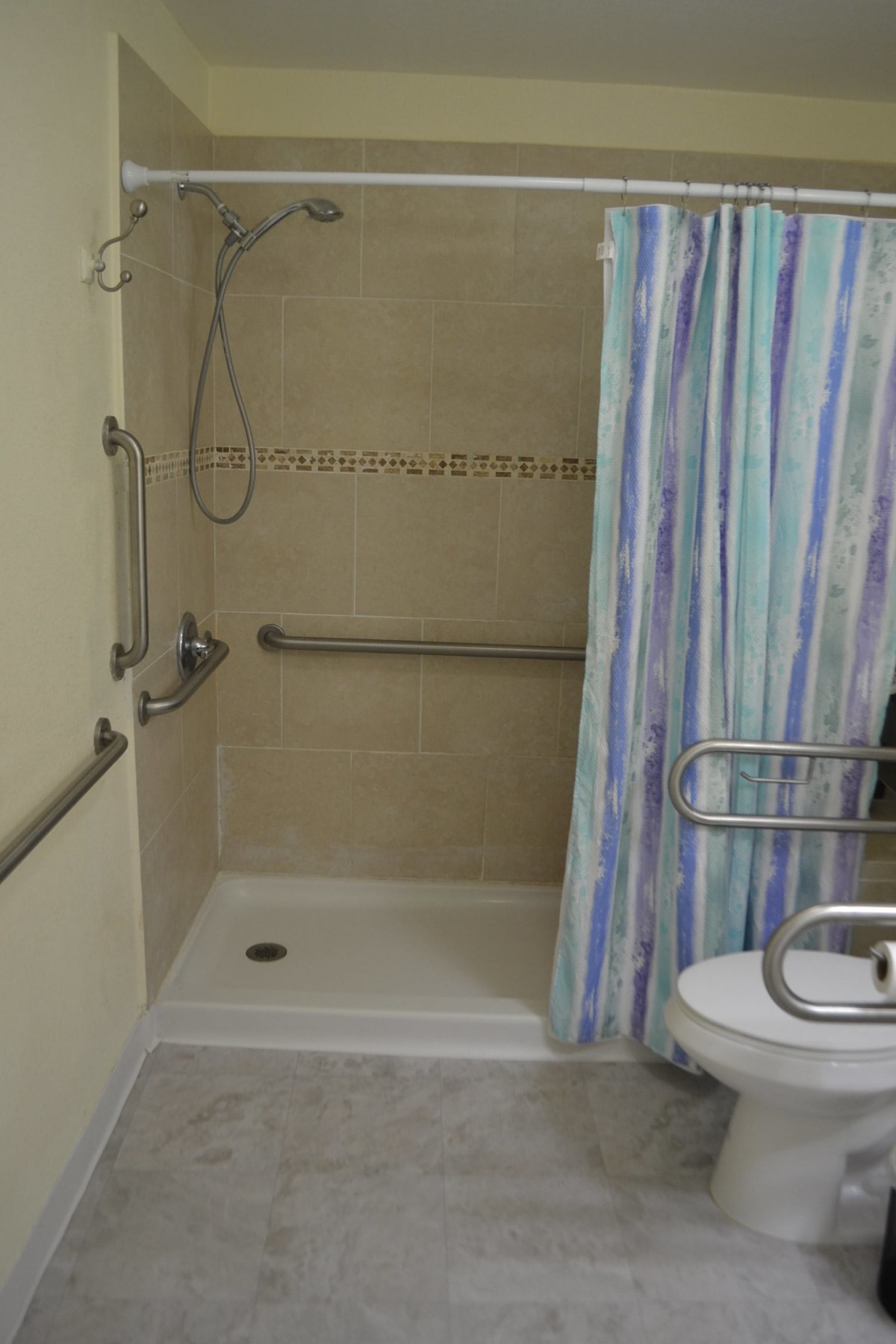 An accessible bathroom with grab bars and a shower curtain.