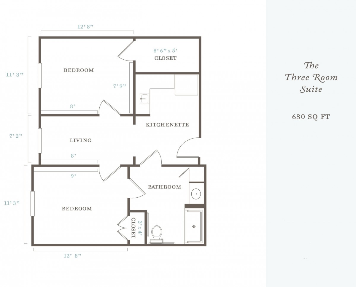 Layout of a two-bedroom apartment featuring a kitchen, bathroom, and living area.