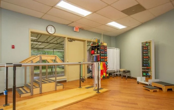A well-equipped rehabilitation room with parallel bars and various exercise tools for physical therapy.