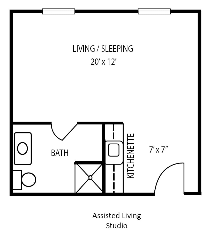 Floor plan of an assisted living space featuring a combined living/sleeping area, bathroom, and kitchenette.