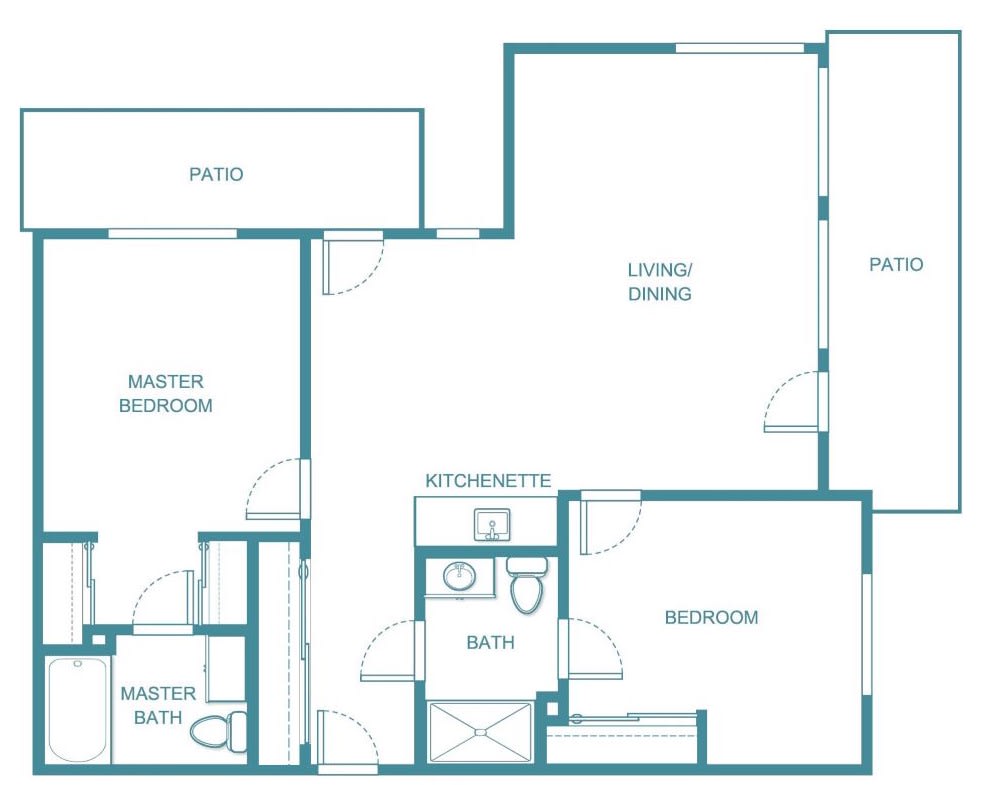 A detailed floor plan of an apartment featuring a master bedroom, a living room, a kitchen, and a patio.