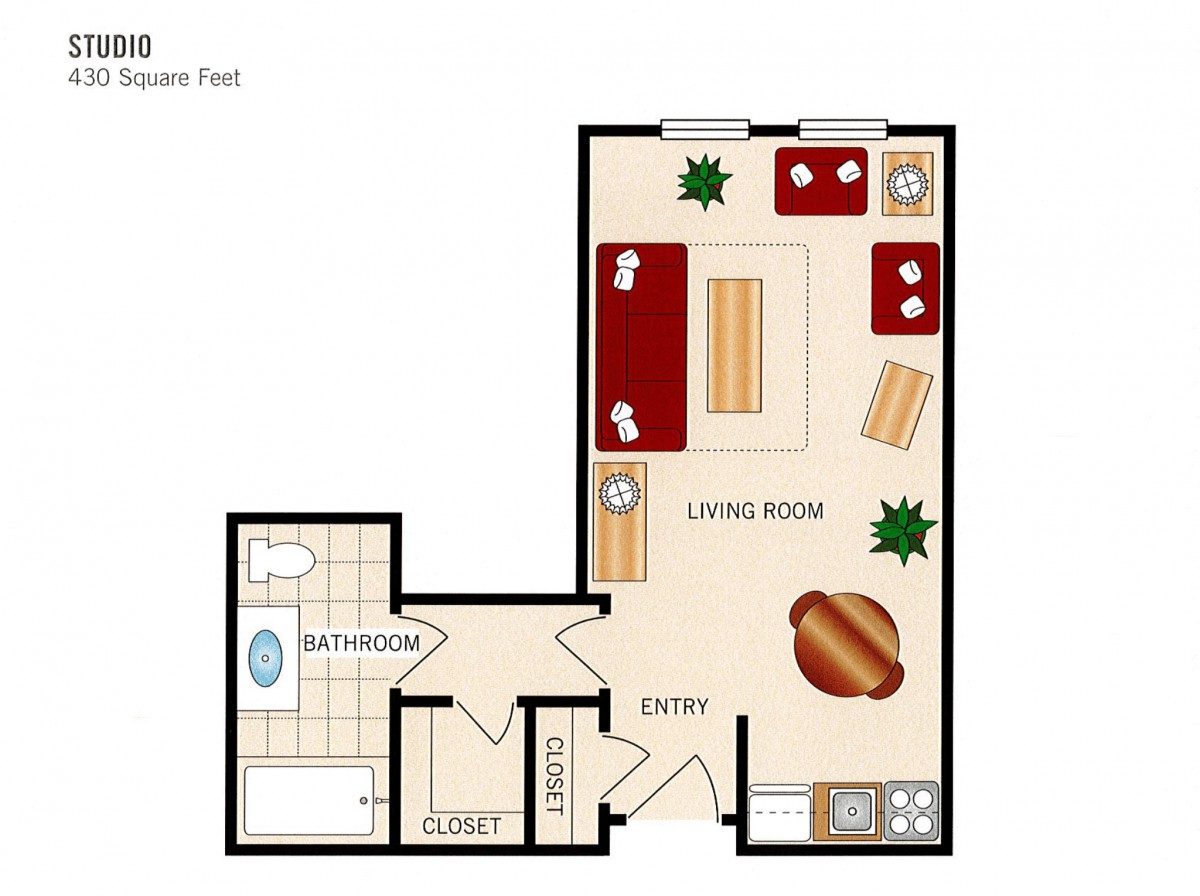 A floor plan of an apartment featuring a living room, bathroom, and closet.