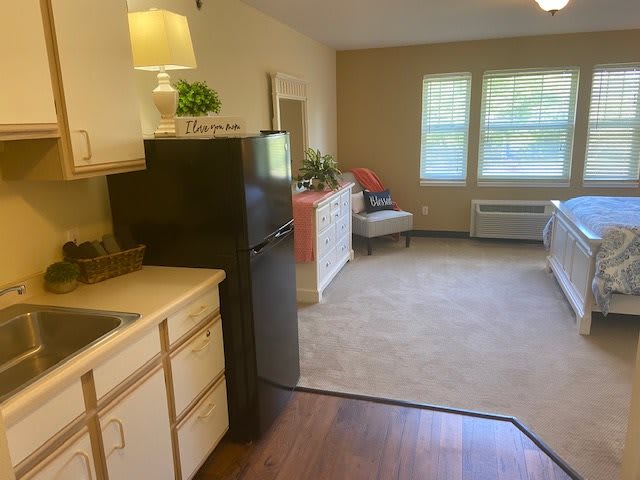 A cozy apartment interior featuring a kitchen and living area with a refrigerator, cabinetry, and comfortable seating.