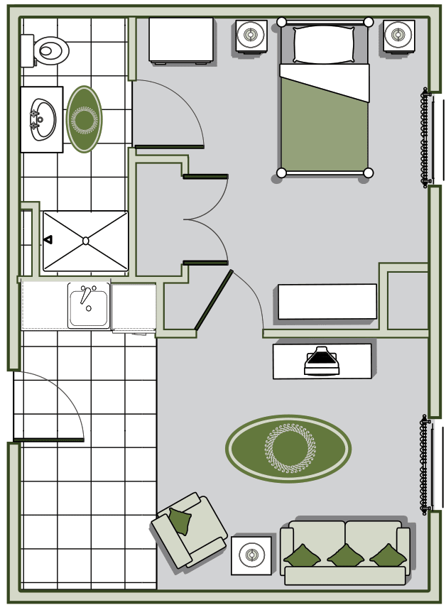 A detailed floor plan illustrating the layout of an apartment, featuring a bedroom, bathroom, kitchen, and living area.