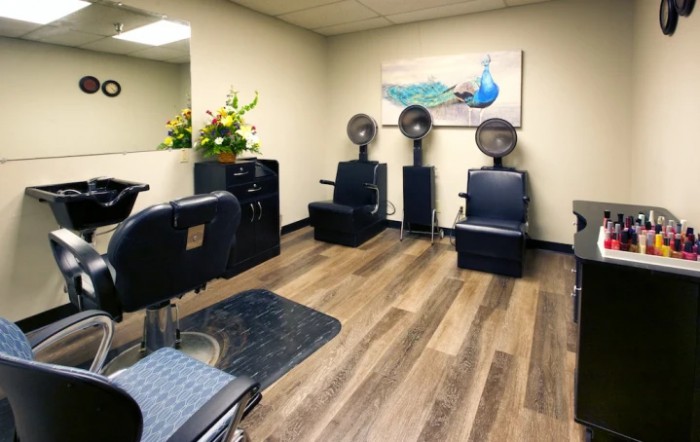 An interior view of a hair salon featuring chairs with hair dryers, hardwood flooring, and decorative elements.