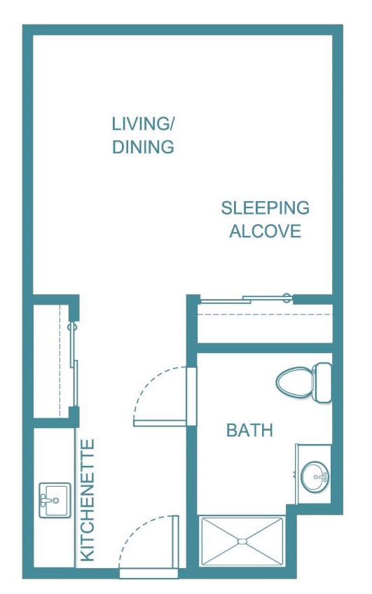Studio apartment floor plan with a living/dining area, sleeping alcove, bathroom, and kitchenette.