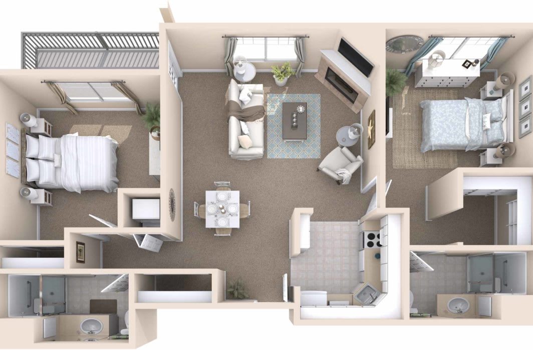 A detailed floor plan of a two-bedroom apartment, featuring a living room, kitchen, dining area, and balcony.