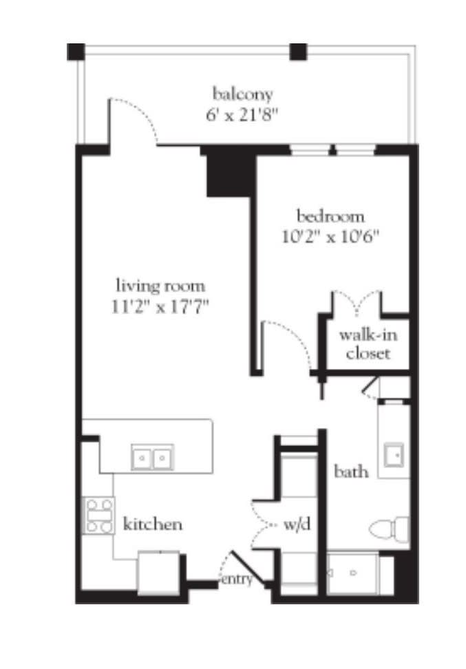 A floor plan of a one-bedroom apartment featuring a living room, kitchen, bathroom, bedroom with walk-in closet, and an entryway.