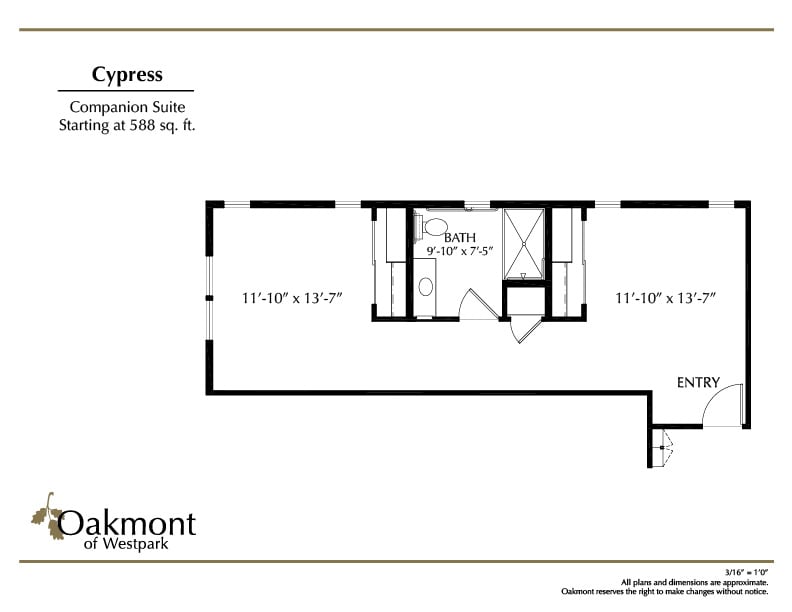 Floor plan of a one-bedroom apartment suite with a living room, bathroom, and kitchen area.