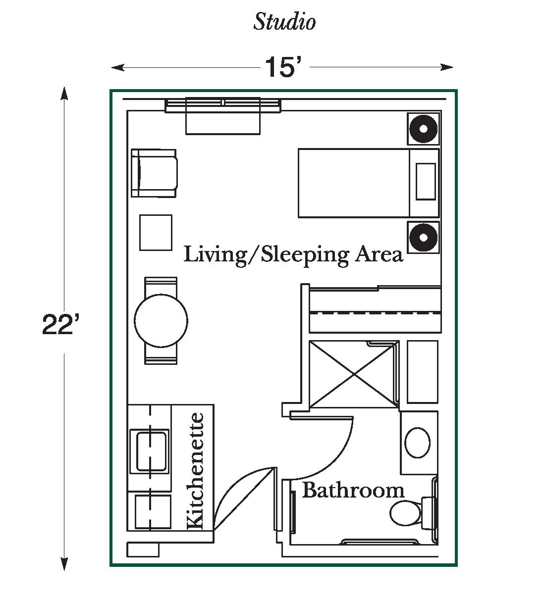 A compact studio apartment floor plan featuring a living/sleeping area, kitchenette, and bathroom.