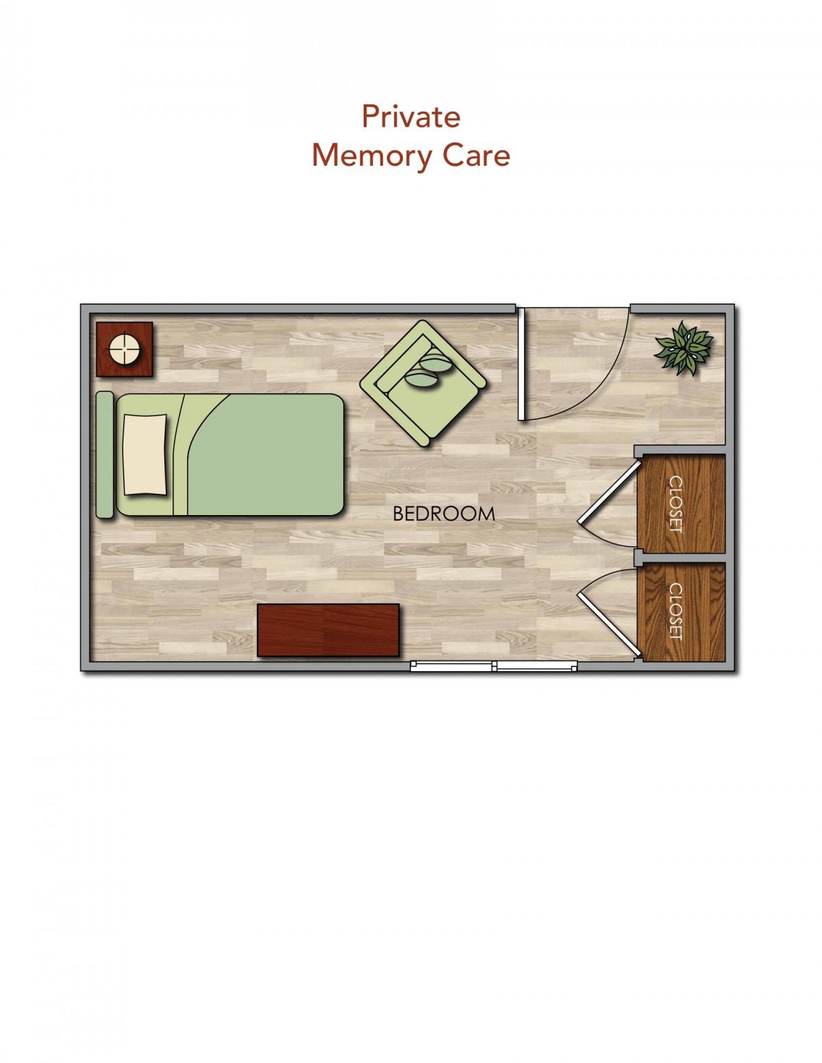 A floor plan for a memory care bedroom.