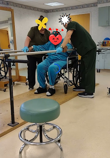 Patients receiving assistance during physical therapy sessions.