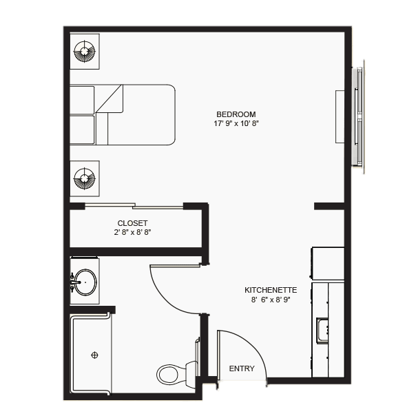 A floor plan of a studio apartment layout featuring a living/bedroom area, kitchen, bathroom, and closet.