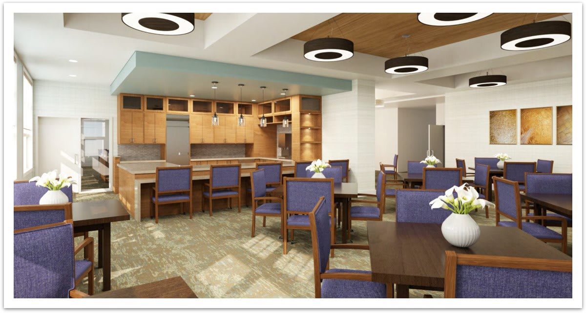 A modern dining area with wooden furnishings and stylish lighting.