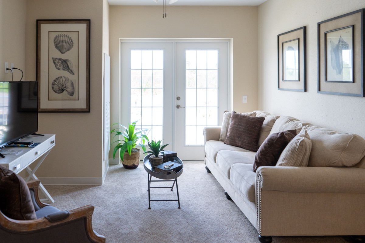 A cozy living room with a beige sofa and natural light streaming through glass doors.