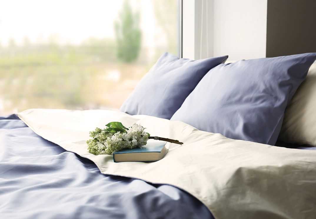 A cozy bed with blue pillows, a book, and flowers near a window.
